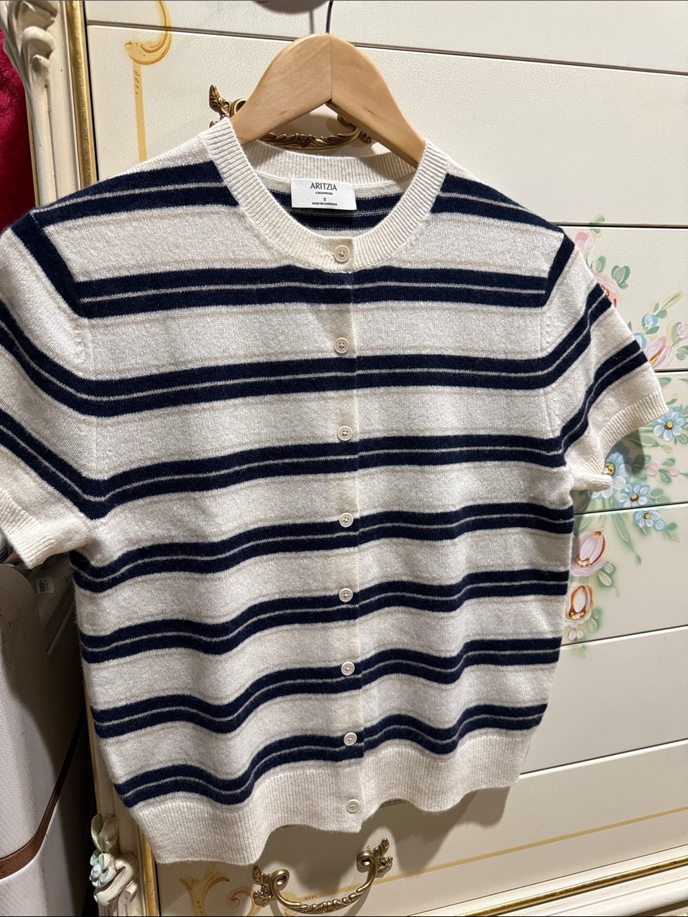Aritzia Navy and White Striped Short-Sleeve Button Cardigan